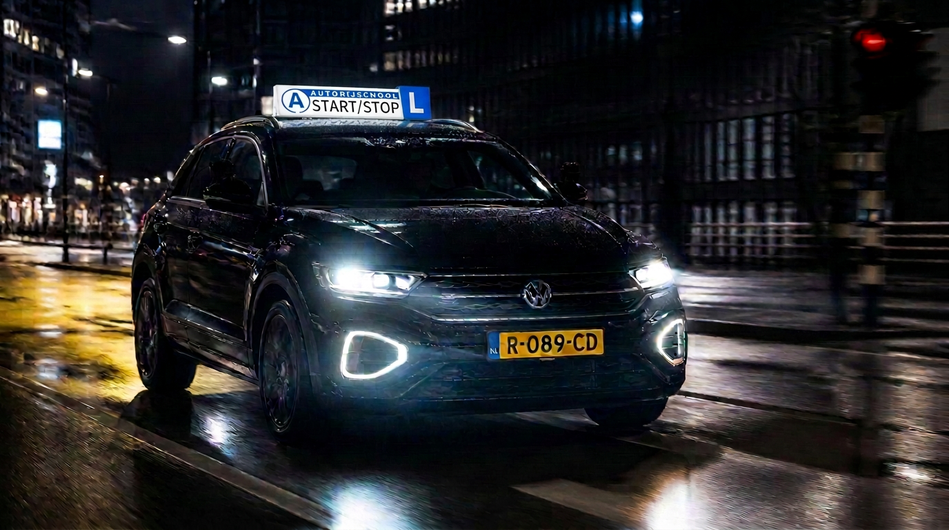 Autorijschool Start/Stop lesauto rijdend in de avond